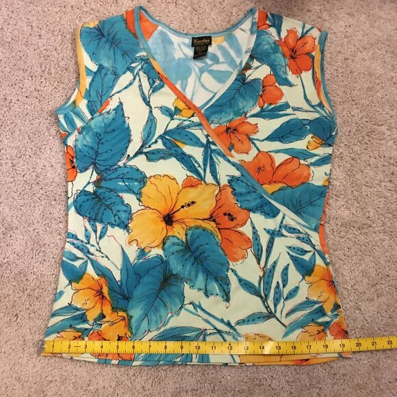 Cactus Faux Wrap Hawaiian Orange Hibiscus Tropical Sequin & Cotton Top - Picture 13 of 15